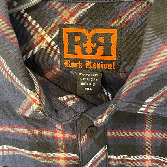 Rock Revival Navy Black & Red Plaid Button Shirt Men's Small 100% Cotton - Picture 4 of 7